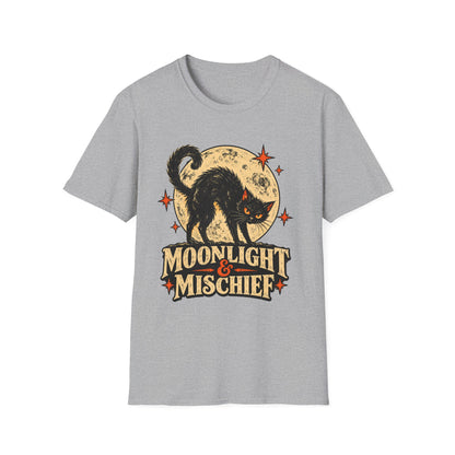 Moonlight & Mischief Black Cat Halloween Shirt, Vintage Halloween Cat Tee, Retro Spooky Moon T-Shirt, Gothic Cat Lover Gift