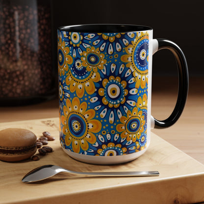 Bold Blue and Gold Flora,l Mug  Retro Boho Flower Coffee Cup, Vibrant Mandala-Inspired Pattern