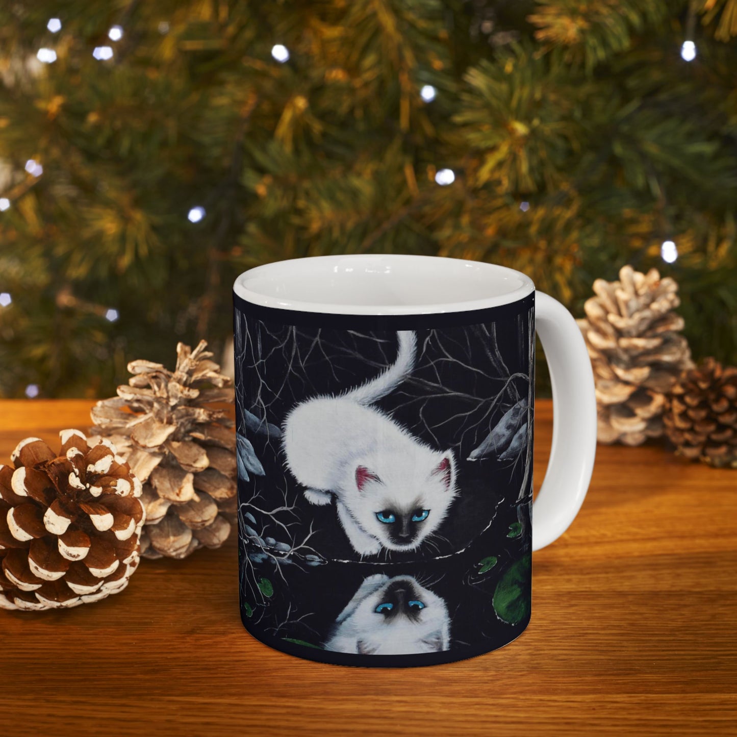 White Siamese Kitten Reflection Mug - Art Print Coffee Cup, Fantasy Cat Artwork, Cute Blue-Eyed Kitten Ceramic Mug, Artist Painted Design