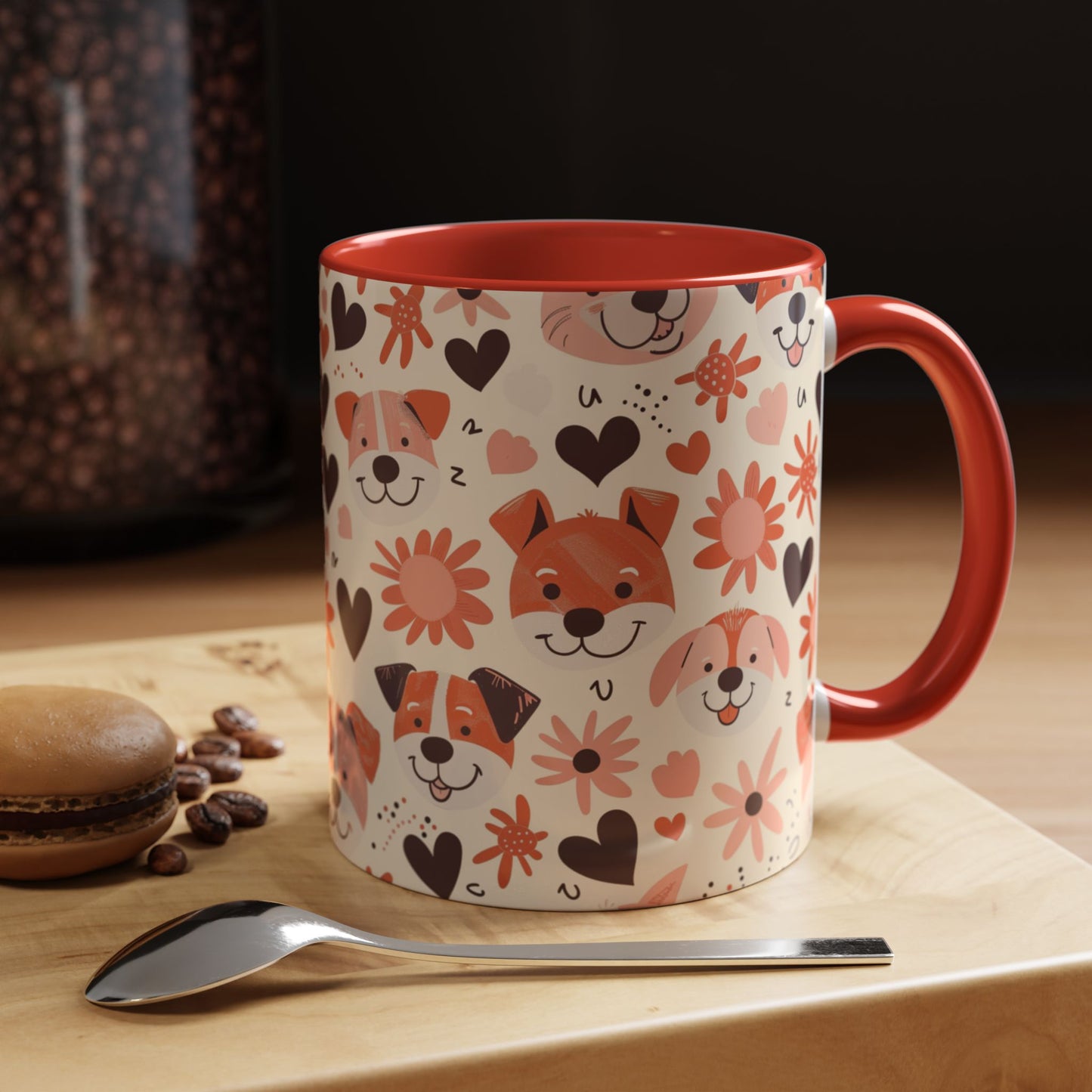 Sweet Puppy Mug, Peach and Cream Dog Lover Coffee Cup, Cute Floral Animal PatternDog Mom Gift