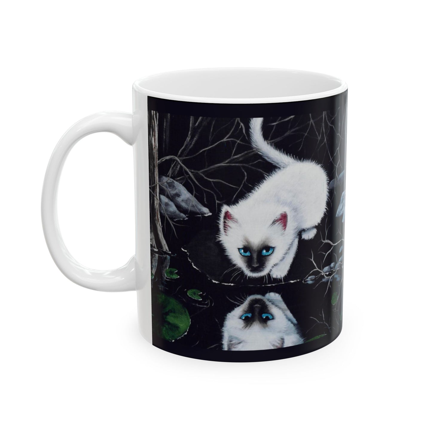 White Siamese Kitten Reflection Mug - Art Print Coffee Cup, Fantasy Cat Artwork, Cute Blue-Eyed Kitten Ceramic Mug, Artist Painted Design