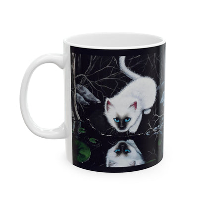 White Siamese Kitten Reflection Mug - Art Print Coffee Cup, Fantasy Cat Artwork, Cute Blue-Eyed Kitten Ceramic Mug, Artist Painted Design
