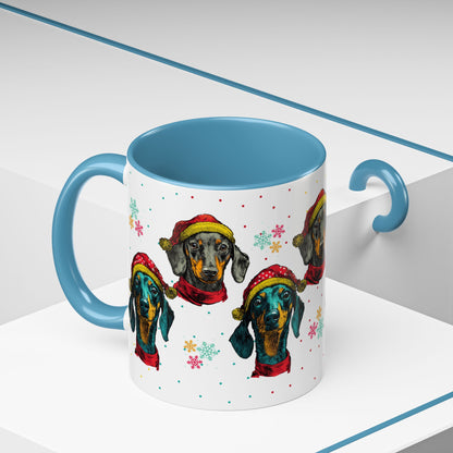 Dachshund Christmas Mug - Holiday Wiener Dog Cup - Cute Doxie Dog Lover Gift - Santa Hat Dachshund Coffee Mug - Colorful Dog Art Mug