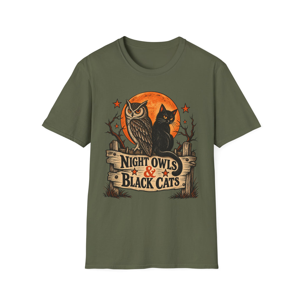 Night Owls & Black Cats Halloween Shirt, Vintage Owl and Cat T-Shirt, Retro Halloween Moon Tee, Spooky Animal Lover Shirt