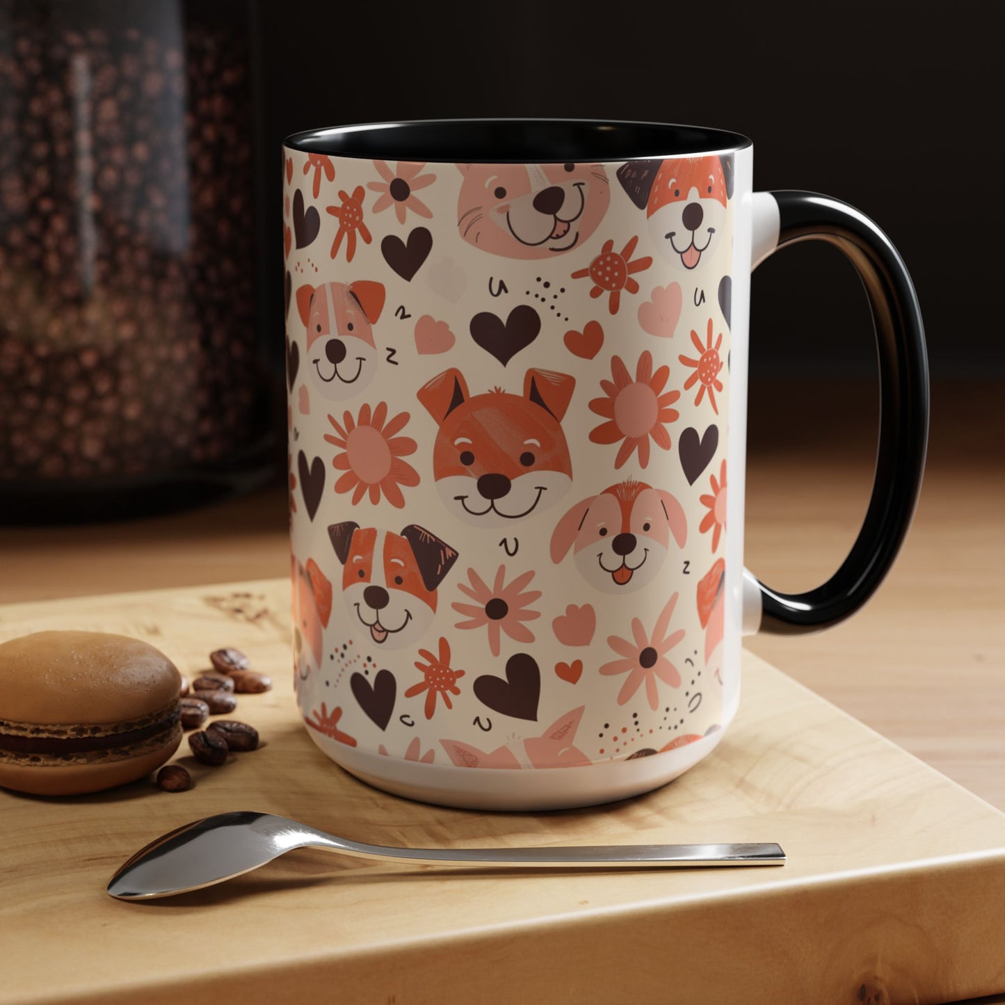 Sweet Puppy Mug, Peach and Cream Dog Lover Coffee Cup, Cute Floral Animal PatternDog Mom Gift