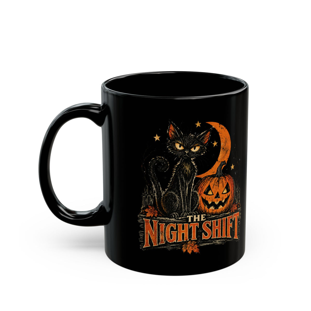 Night Shift black cat pumpkin mug | Halloween coffee mug