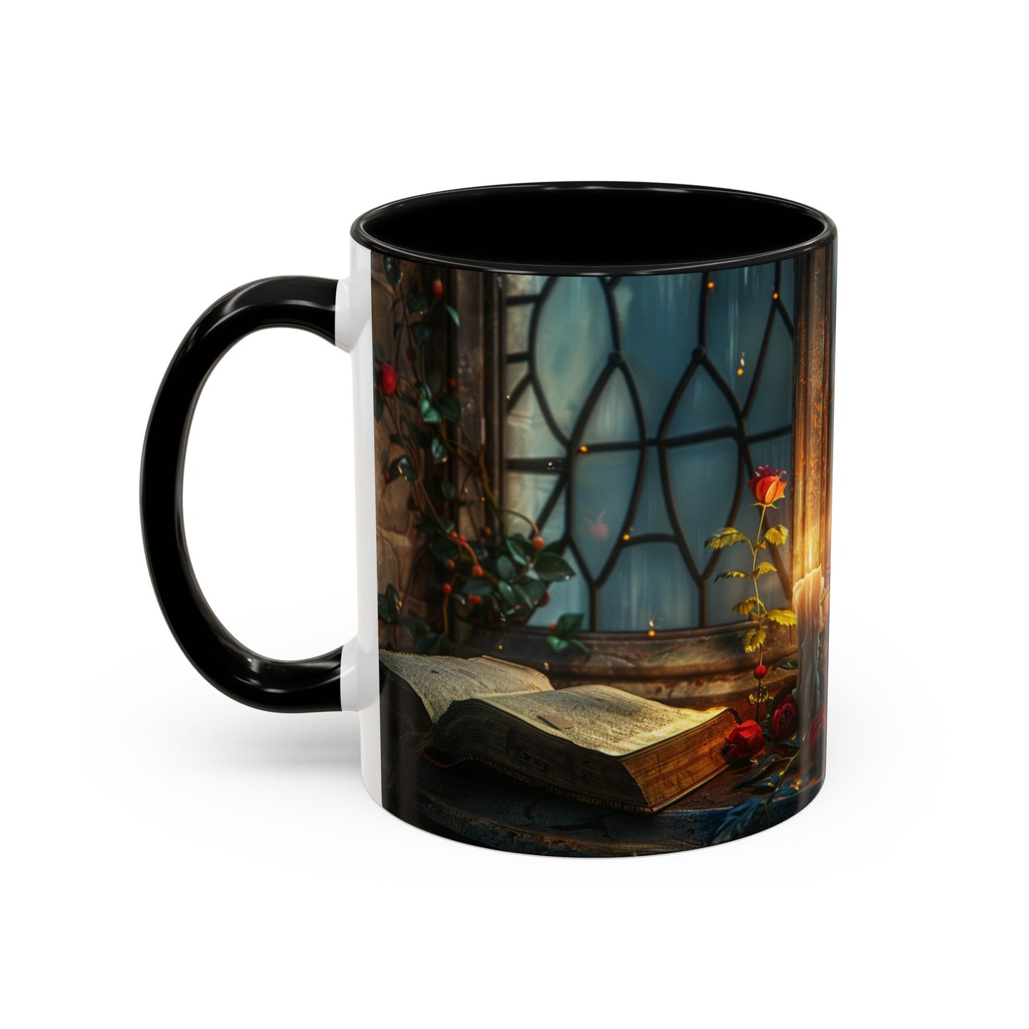 Candlelight Study Mug, Gothic Book and Roses Coffee Cup, Cozy Dark Academia Library Gift, Anniversary, Soft Atmosphere