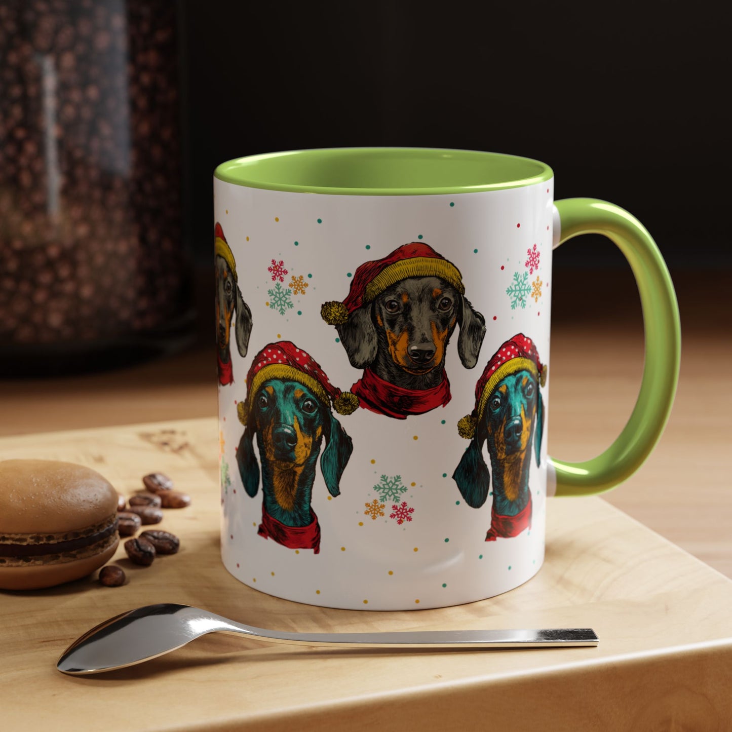 Dachshund Christmas Mug - Holiday Wiener Dog Cup - Cute Doxie Dog Lover Gift - Santa Hat Dachshund Coffee Mug - Colorful Dog Art Mug