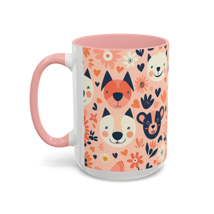 Whimsical Woodland Animals Mug, Cute Fox & Bear Coffee Cup, Peach and Navy Forest Friends Gift