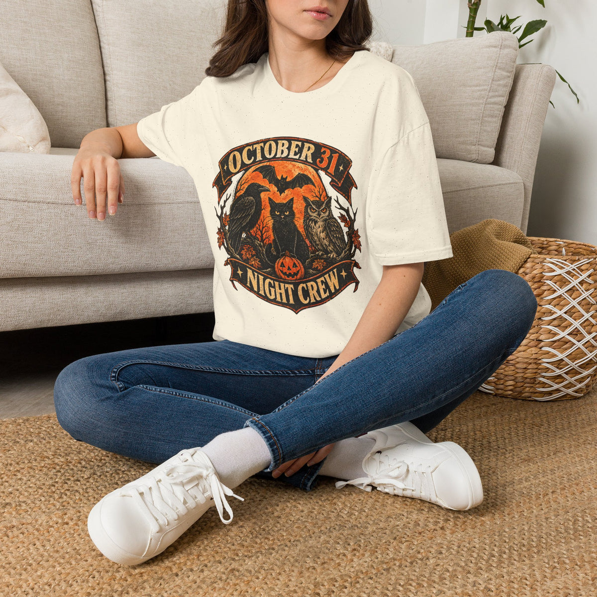 October 31 Night Crew Shirt, Vintage Halloween Graphic Tee, Black Cat Raven Owl Bat Shirt, Spooky Fall T-Shirt, Halloween Night Crew