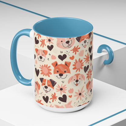 Sweet Puppy Mug, Peach and Cream Dog Lover Coffee Cup, Cute Floral Animal PatternDog Mom Gift
