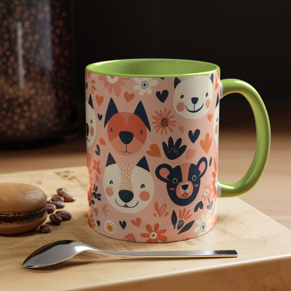 Whimsical Woodland Animals Mug, Cute Fox & Bear Coffee Cup, Peach and Navy Forest Friends Gift