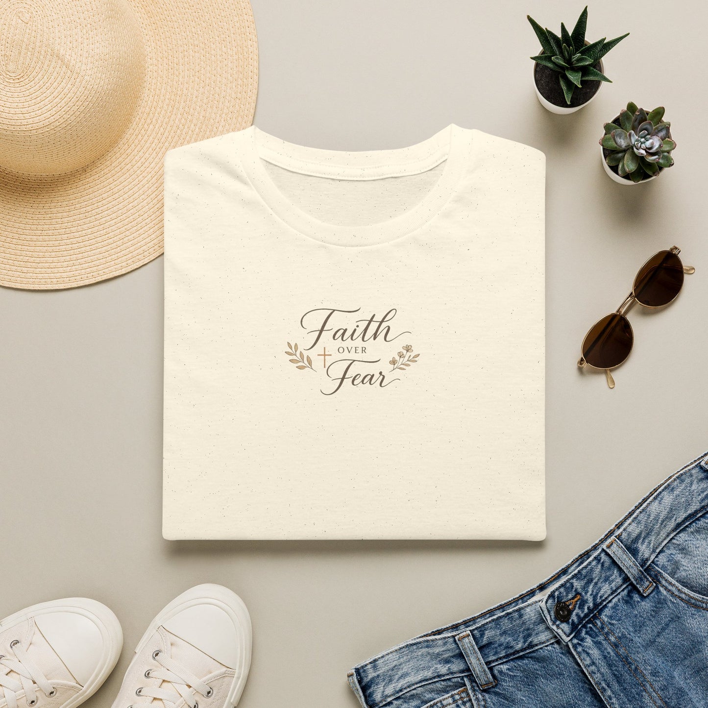 Faith Over Fear Womens Christian T-Shirt  Elegant Minimal Faith Tee  Botanical Cross Inspirational Shirt