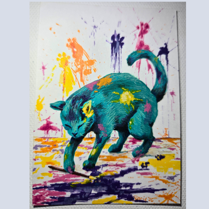Mischief Makin' Mischeif! Cat Painting Explosion NOT A PRINT~Original Acrylic ACEO *Signed Art 2.5 x 3.5