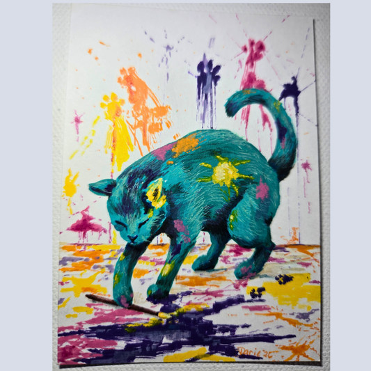 Mischief Makin' Mischeif! Cat Painting Explosion NOT A PRINT~Original Acrylic ACEO *Signed Art 2.5 x 3.5