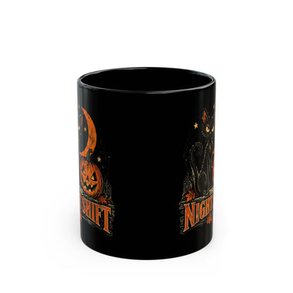 Night Shift black cat pumpkin mug | Halloween coffee mug