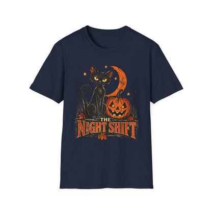 The Night Shift Black Cat Halloween Shirt, Vintage Halloween Cat T-Shirt, Retro Pumpkin Spooky Season Tee