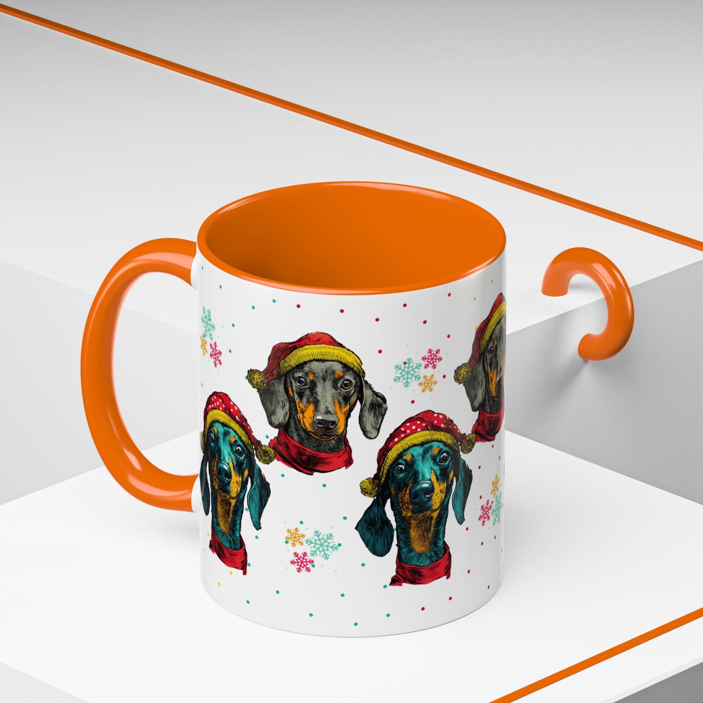 Dachshund Christmas Mug - Holiday Wiener Dog Cup - Cute Doxie Dog Lover Gift - Santa Hat Dachshund Coffee Mug - Colorful Dog Art Mug