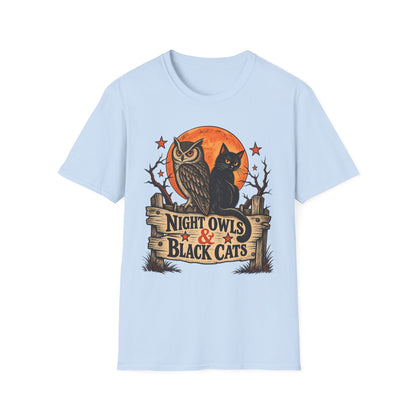 Night Owls & Black Cats Halloween Shirt, Vintage Owl and Cat T-Shirt, Retro Halloween Moon Tee, Spooky Animal Lover Shirt