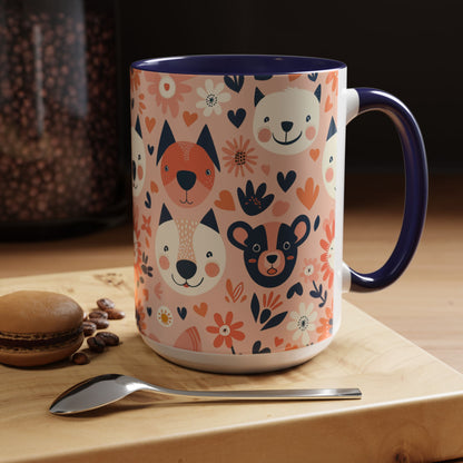 Whimsical Woodland Animals Mug, Cute Fox & Bear Coffee Cup, Peach and Navy Forest Friends Gift