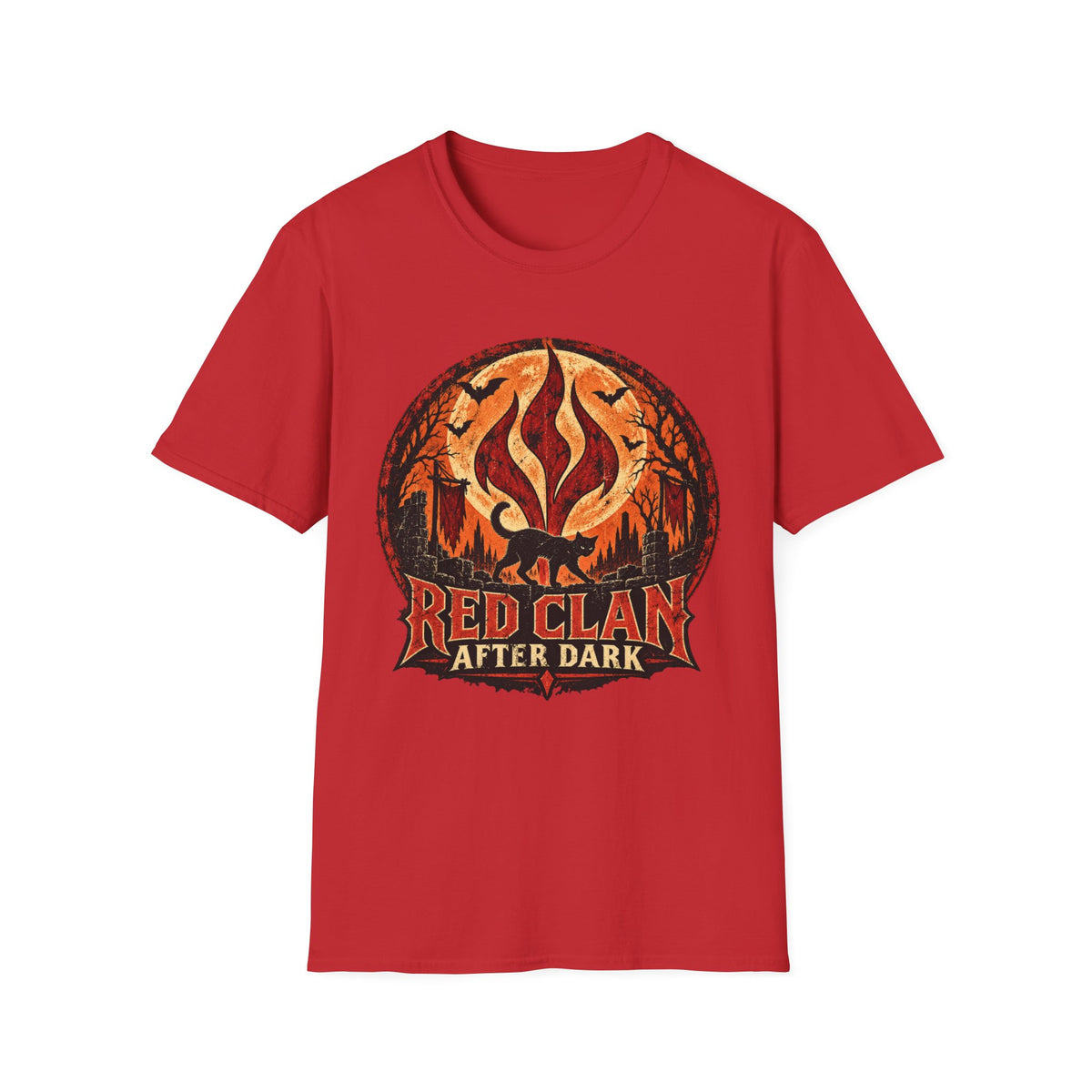 Red Clan After Dark Shirt, Black Cat Halloween Tee, Gothic Fantasy Shirt, Spooky Moon Graphic Tee, Dark Fantasy Halloween T-Shirt