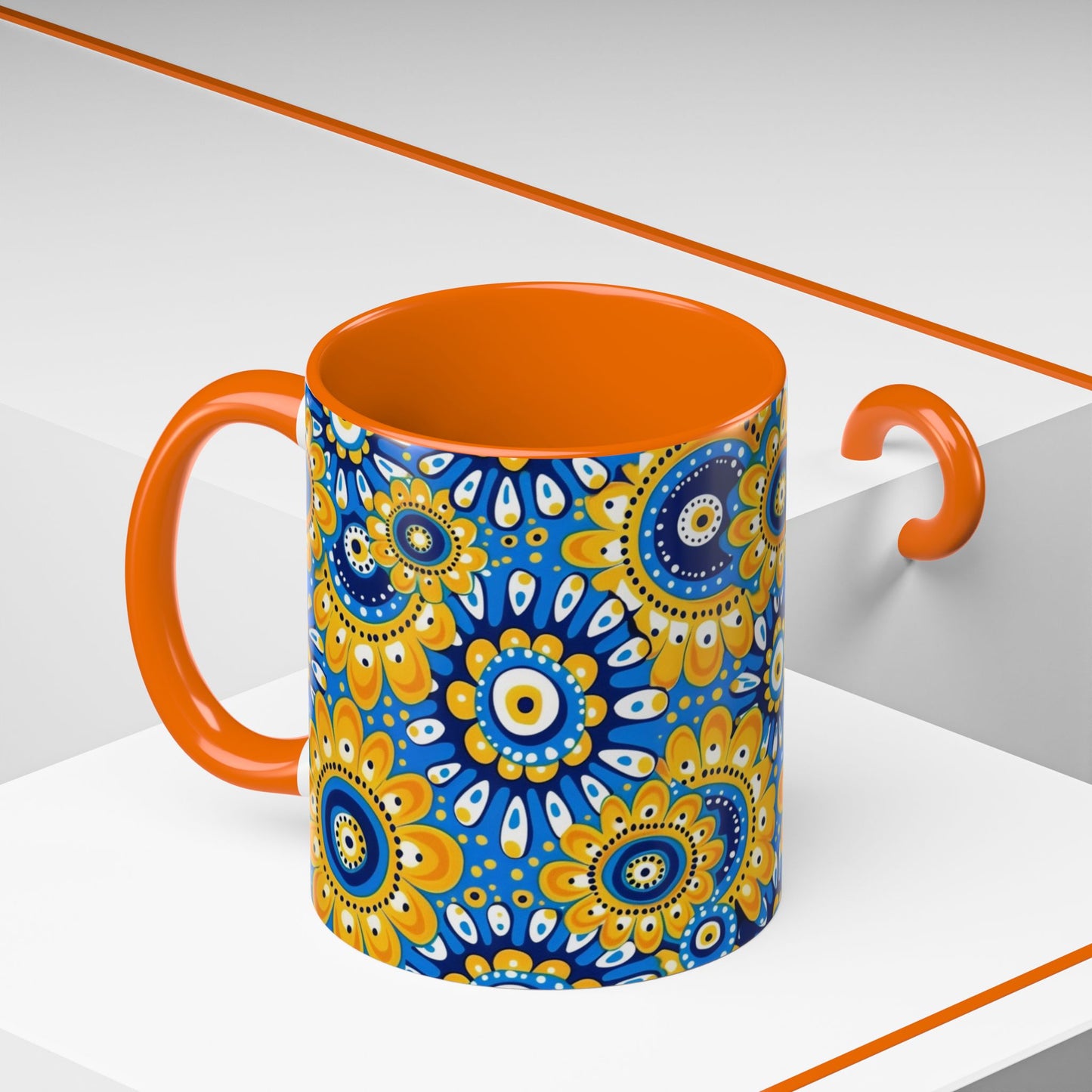 Bold Blue and Gold Flora,l Mug  Retro Boho Flower Coffee Cup, Vibrant Mandala-Inspired Pattern