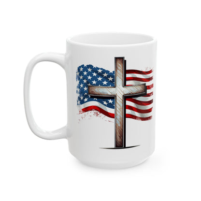 Faith & Freedom Mug, American Flag and Cross, Christian Patriot Coffee Cup, Inspirational USA Gift, God Bless America Mug