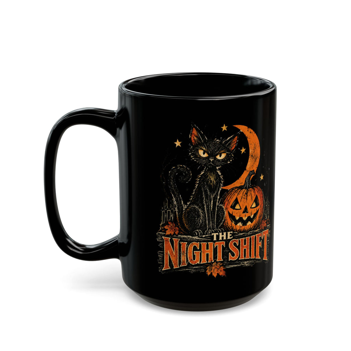 Night Shift black cat pumpkin mug | Halloween coffee mug