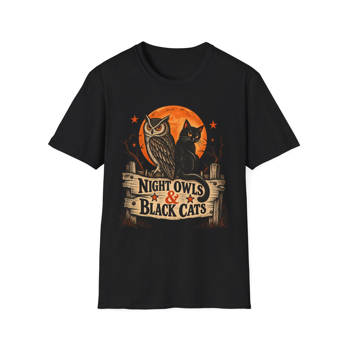 Night Owls & Black Cats Halloween Shirt, Vintage Owl and Cat T-Shirt, Retro Halloween Moon Tee, Spooky Animal Lover Shirt
