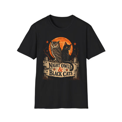 Night Owls & Black Cats Halloween Shirt, Vintage Owl and Cat T-Shirt, Retro Halloween Moon Tee, Spooky Animal Lover Shirt
