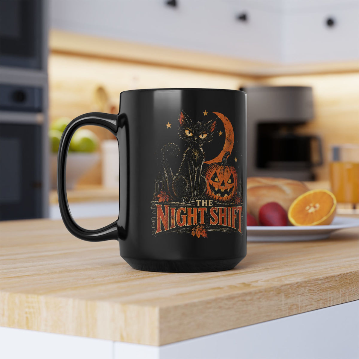 Night Shift black cat pumpkin mug | Halloween coffee mug