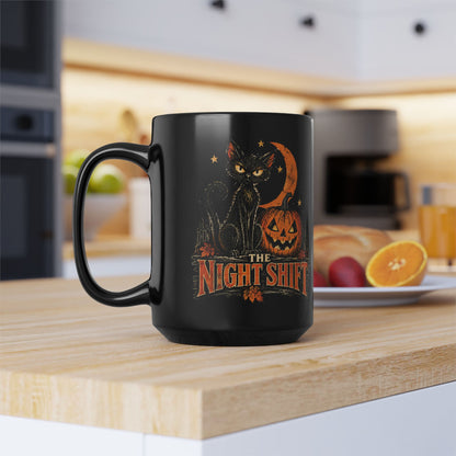 Night Shift black cat pumpkin mug | Halloween coffee mug