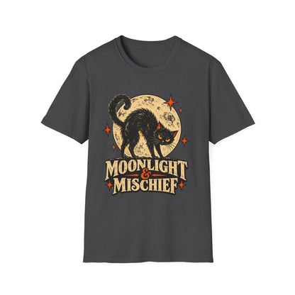 Moonlight & Mischief Black Cat Halloween Shirt, Vintage Halloween Cat Tee, Retro Spooky Moon T-Shirt, Gothic Cat Lover Gift
