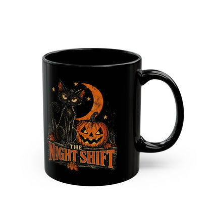 Night Shift black cat pumpkin mug | Halloween coffee mug