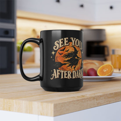 See You After Dark Halloween Mug, Vintage Witch Coffee Cup, Spooky Black Cat & Witch Mug, Retro Halloween Gift