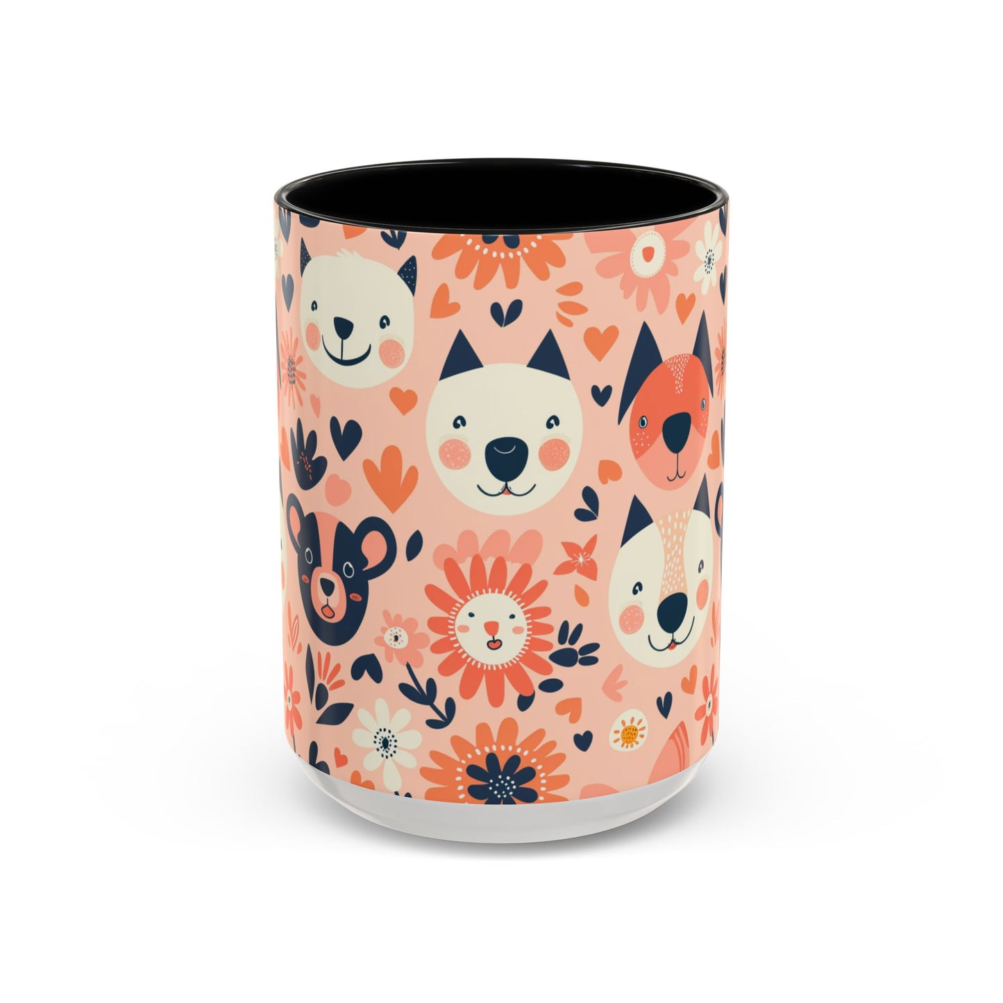 Whimsical Woodland Animals Mug, Cute Fox & Bear Coffee Cup, Peach and Navy Forest Friends Gift
