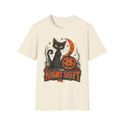 The Night Shift Black Cat Halloween Shirt, Vintage Halloween Cat T-Shirt, Retro Pumpkin Spooky Season Tee