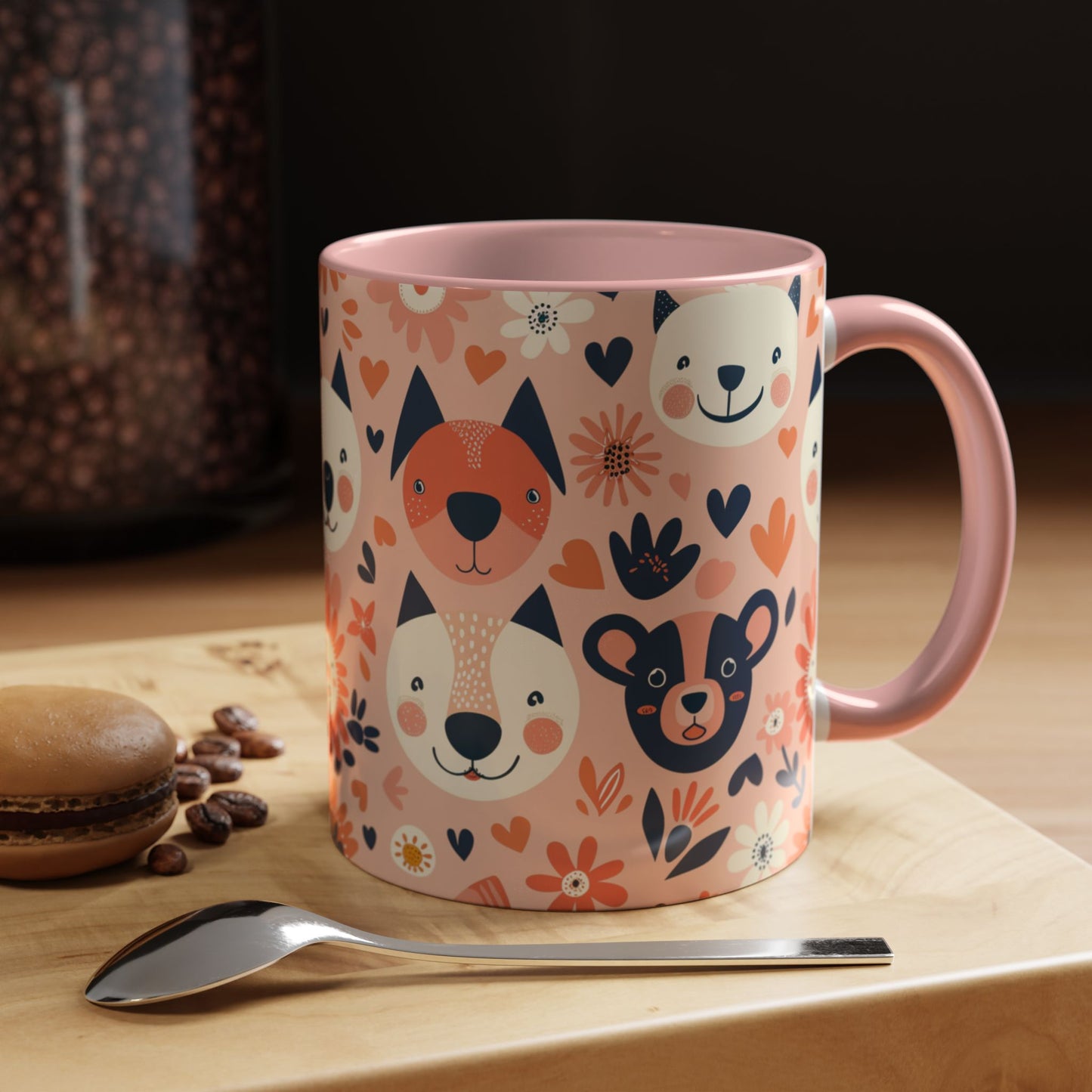 Whimsical Woodland Animals Mug, Cute Fox & Bear Coffee Cup, Peach and Navy Forest Friends Gift
