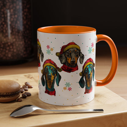 Dachshund Christmas Mug - Holiday Wiener Dog Cup - Cute Doxie Dog Lover Gift - Santa Hat Dachshund Coffee Mug - Colorful Dog Art Mug