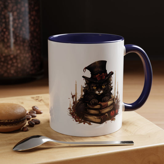 Whimsical Cat Coffee Mug with Accent Colors, Perfect Gift for Cat Lovers, Halloween Decor, Cozy Home Vibes, Book Lover's Mug
