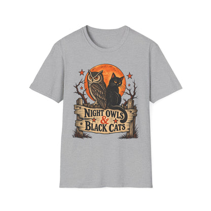 Night Owls & Black Cats Halloween Shirt, Vintage Owl and Cat T-Shirt, Retro Halloween Moon Tee, Spooky Animal Lover Shirt