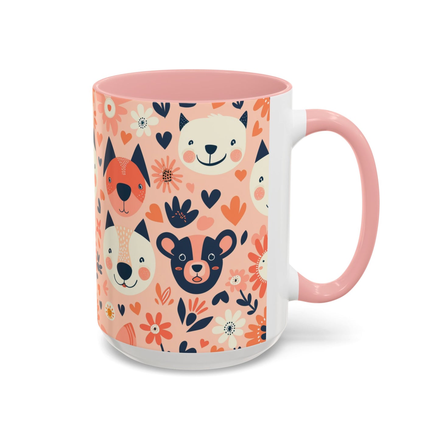 Whimsical Woodland Animals Mug, Cute Fox & Bear Coffee Cup, Peach and Navy Forest Friends Gift