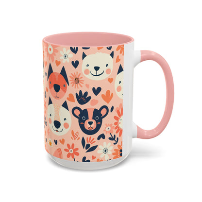 Whimsical Woodland Animals Mug, Cute Fox & Bear Coffee Cup, Peach and Navy Forest Friends Gift