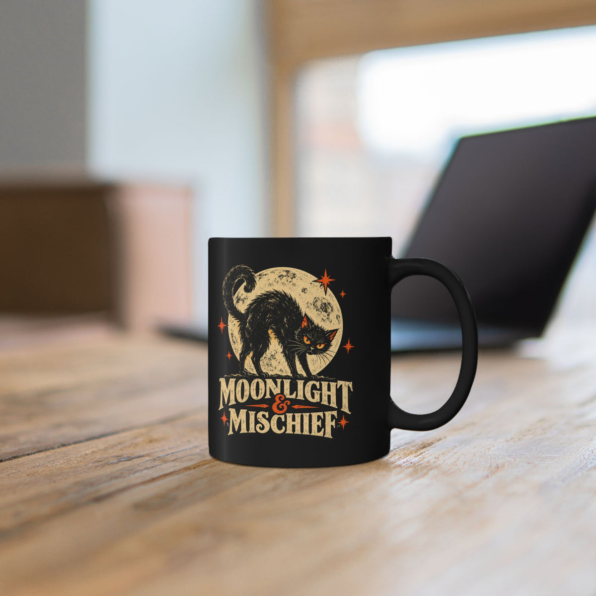 Moonlight & Mischief Black Cat Mug, Vintage Halloween Coffee Mug, Spooky Cat Gift, Retro Halloween Mug