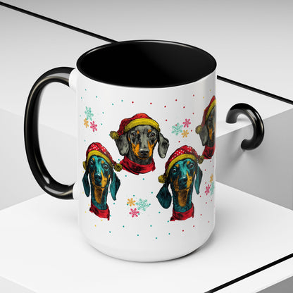 Dachshund Christmas Mug - Holiday Wiener Dog Cup - Cute Doxie Dog Lover Gift - Santa Hat Dachshund Coffee Mug - Colorful Dog Art Mug