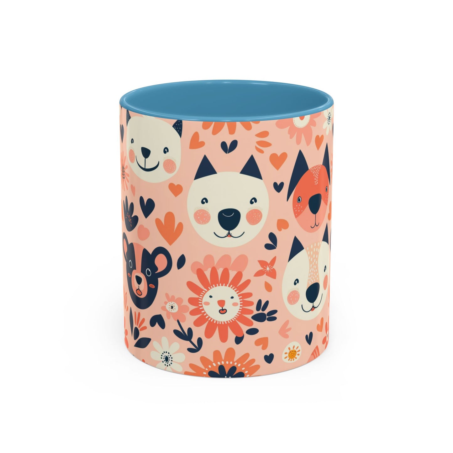 Whimsical Woodland Animals Mug, Cute Fox & Bear Coffee Cup, Peach and Navy Forest Friends Gift