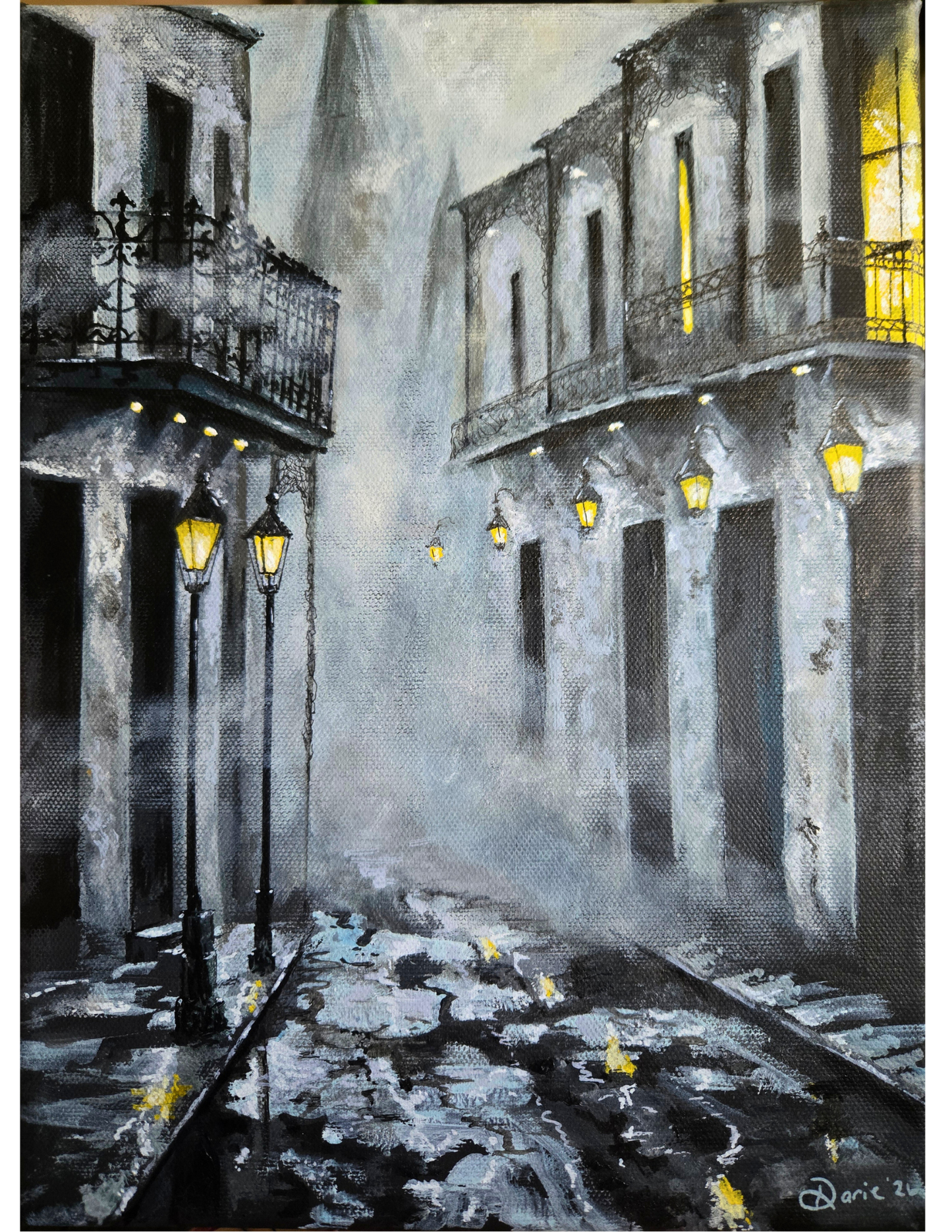 Foggy French Quarter Original Painting ~ New Orleans Street Art ~ St. Louis Cathedral ~ Moody Night Cityscape ~ 9x12 Acrylic on Canvas