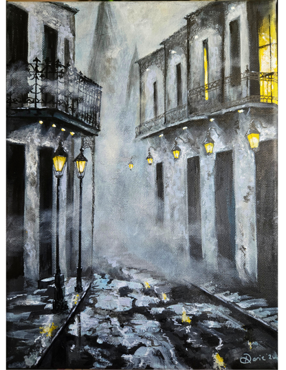 Foggy French Quarter Original Painting ~ New Orleans Street Art ~ St. Louis Cathedral ~ Moody Night Cityscape ~ 9x12 Acrylic on Canvas