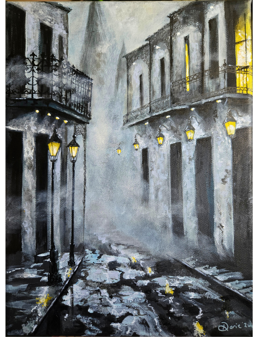 Foggy French Quarter Original Painting ~ New Orleans Street Art ~ St. Louis Cathedral ~ Moody Night Cityscape ~ 9x12 Acrylic on Canvas