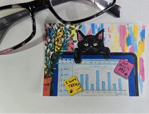 Me Now! – Black Kitten Working from Home ACEO Original Painting | Funny Office Cat Art | Mini Acrylic Desk Decor | OOAK